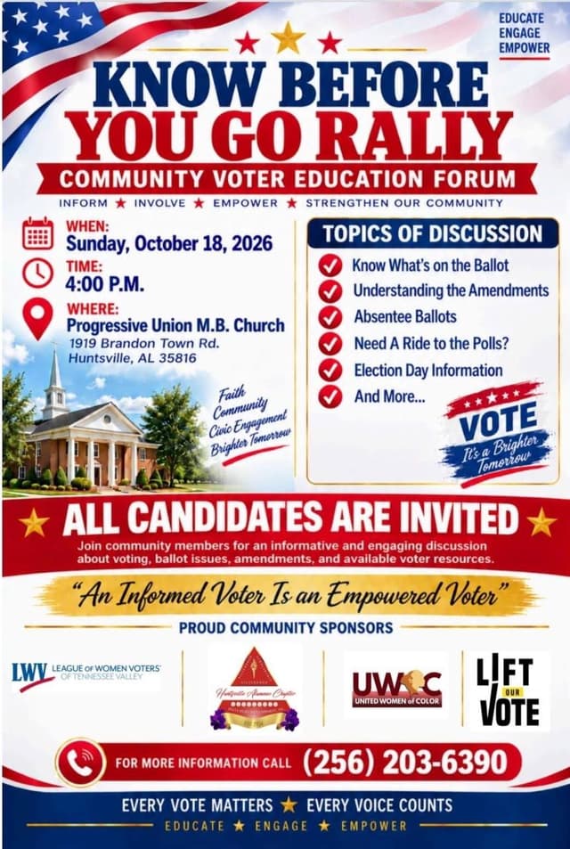 Know Before You Go Rally flyer, Community Voter Education Forum, Sunday October 18 at Progressive Union M.B. Church